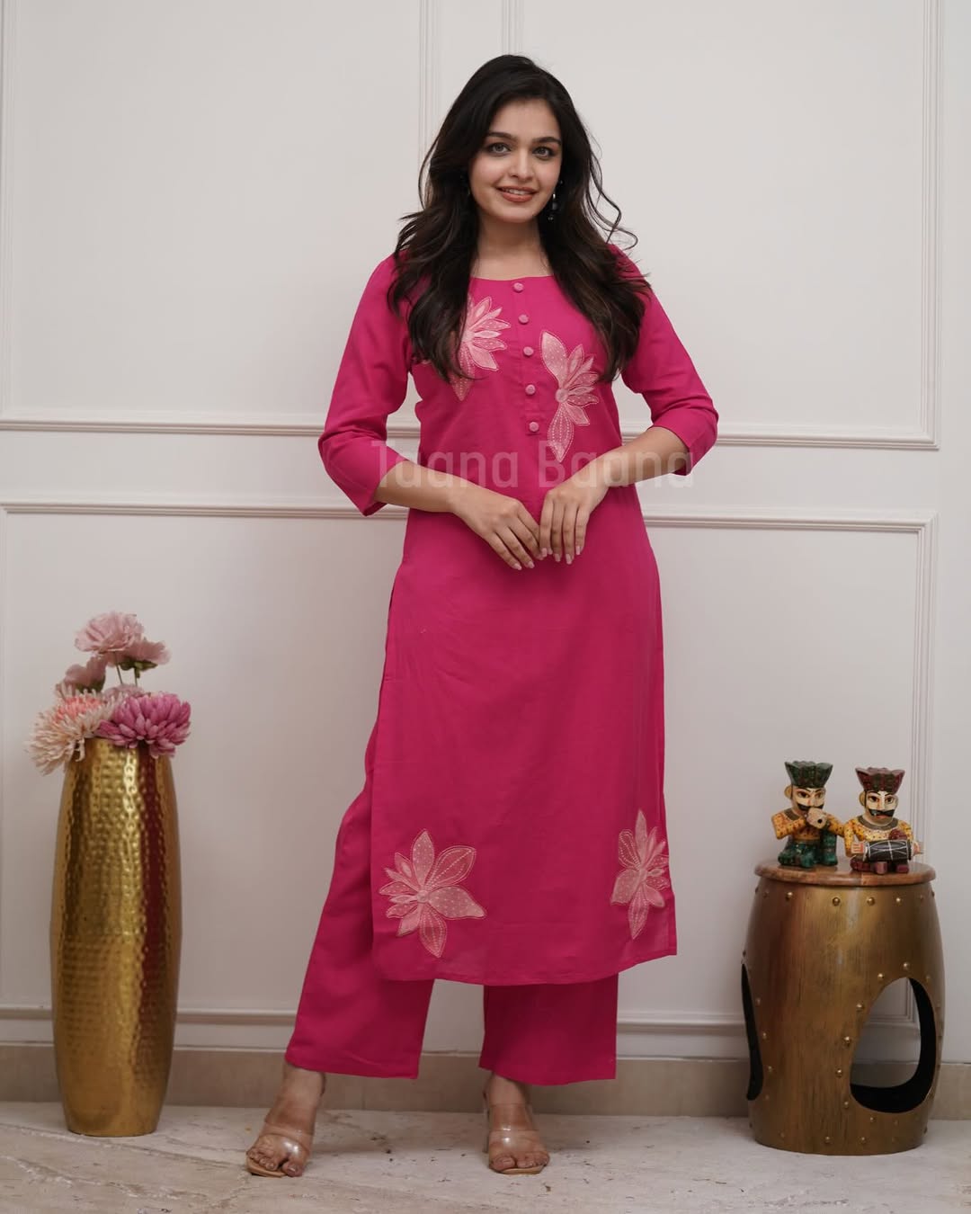 Women Premium Cotton Flex Kurta Set with Pants Embroidered Detail Straight Ethnic Co-Ord Set