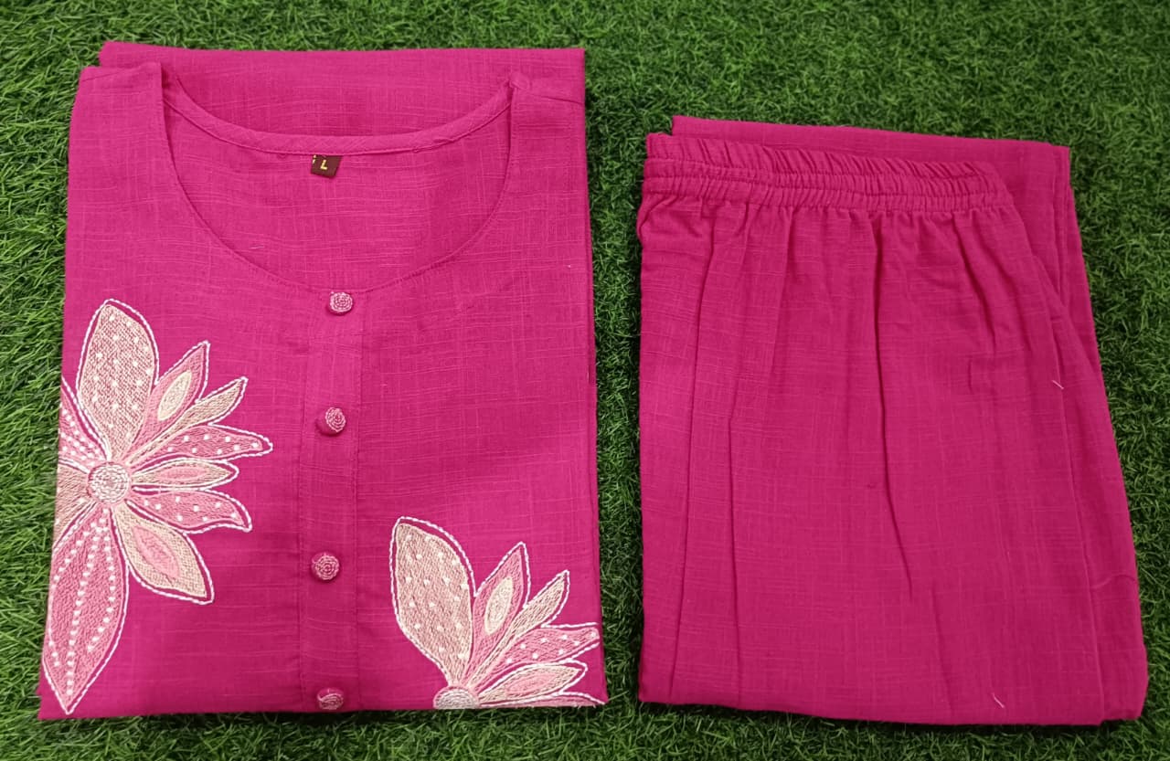 Women Premium Cotton Flex Kurta Set with Pants Embroidered Detail Straight Ethnic Co-Ord Set