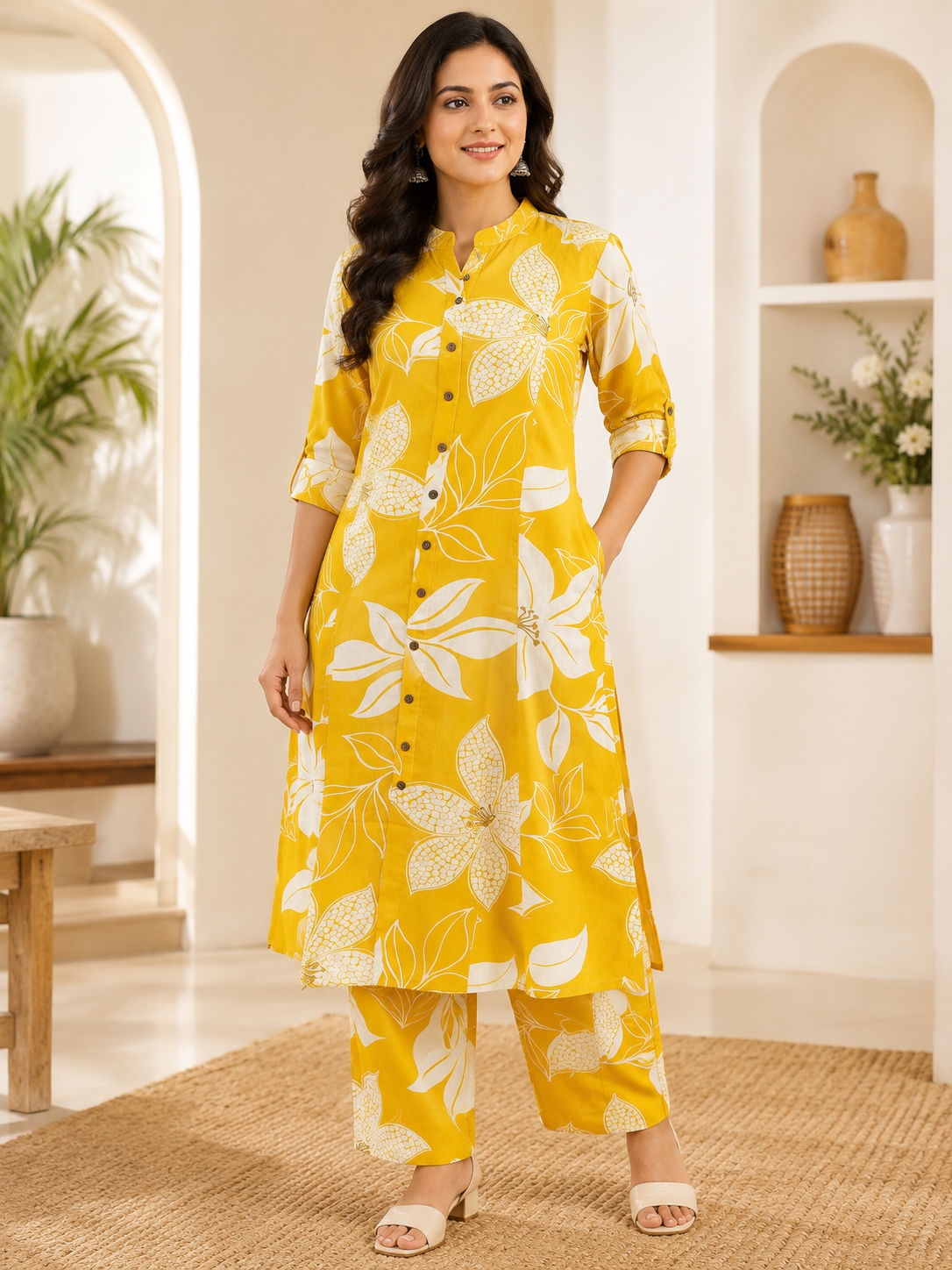 Premium Women's Pure Cotton Floral Printed A-Line Co-ord Set with Palazzo Pants
