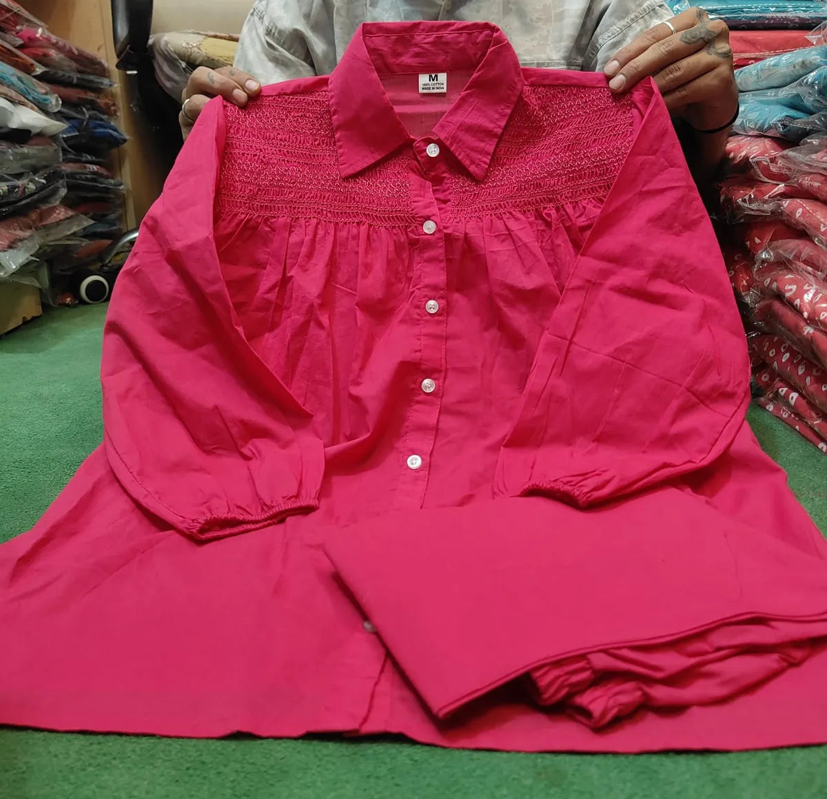 Hot Pink cotton co-ord set with intricate embroidery detailing and contemporary comfort