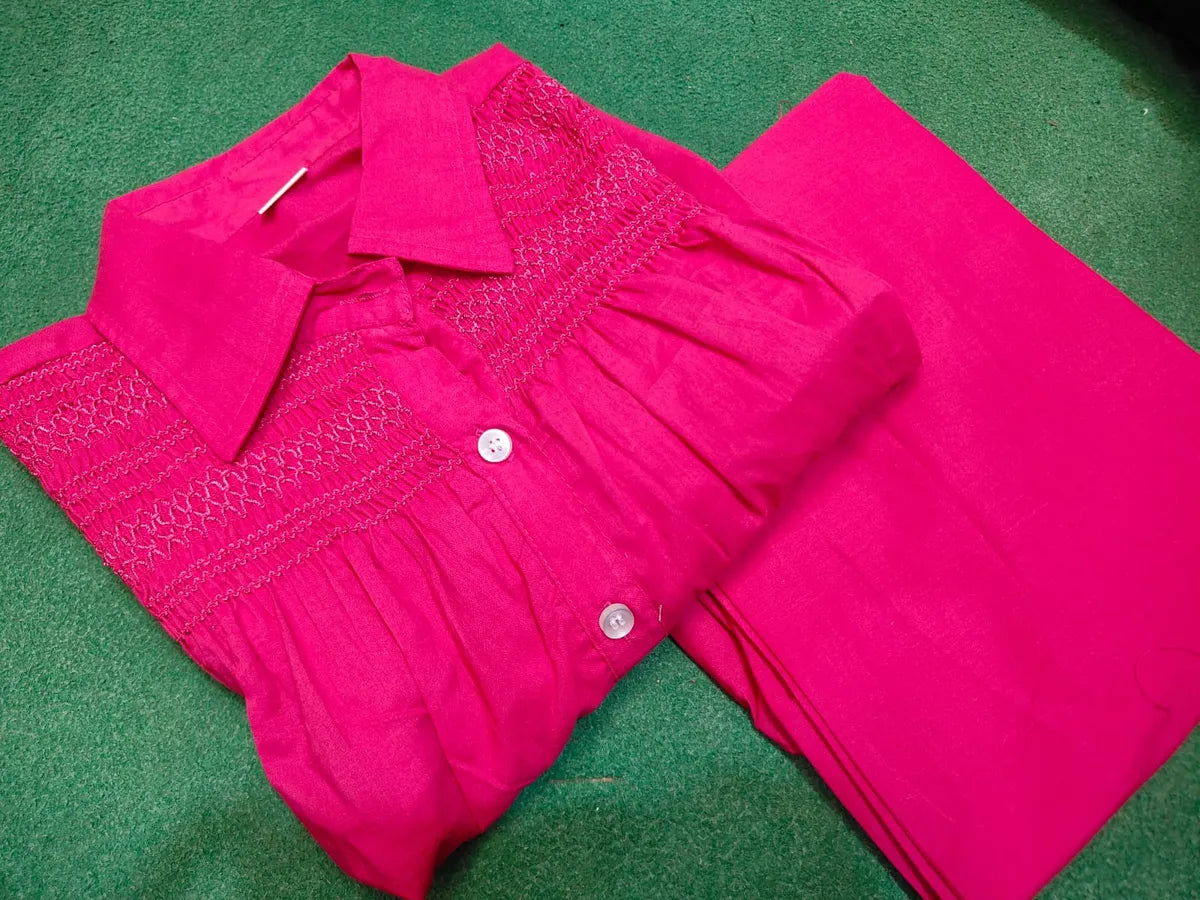 Hot Pink cotton co-ord set with intricate embroidery detailing and contemporary comfort