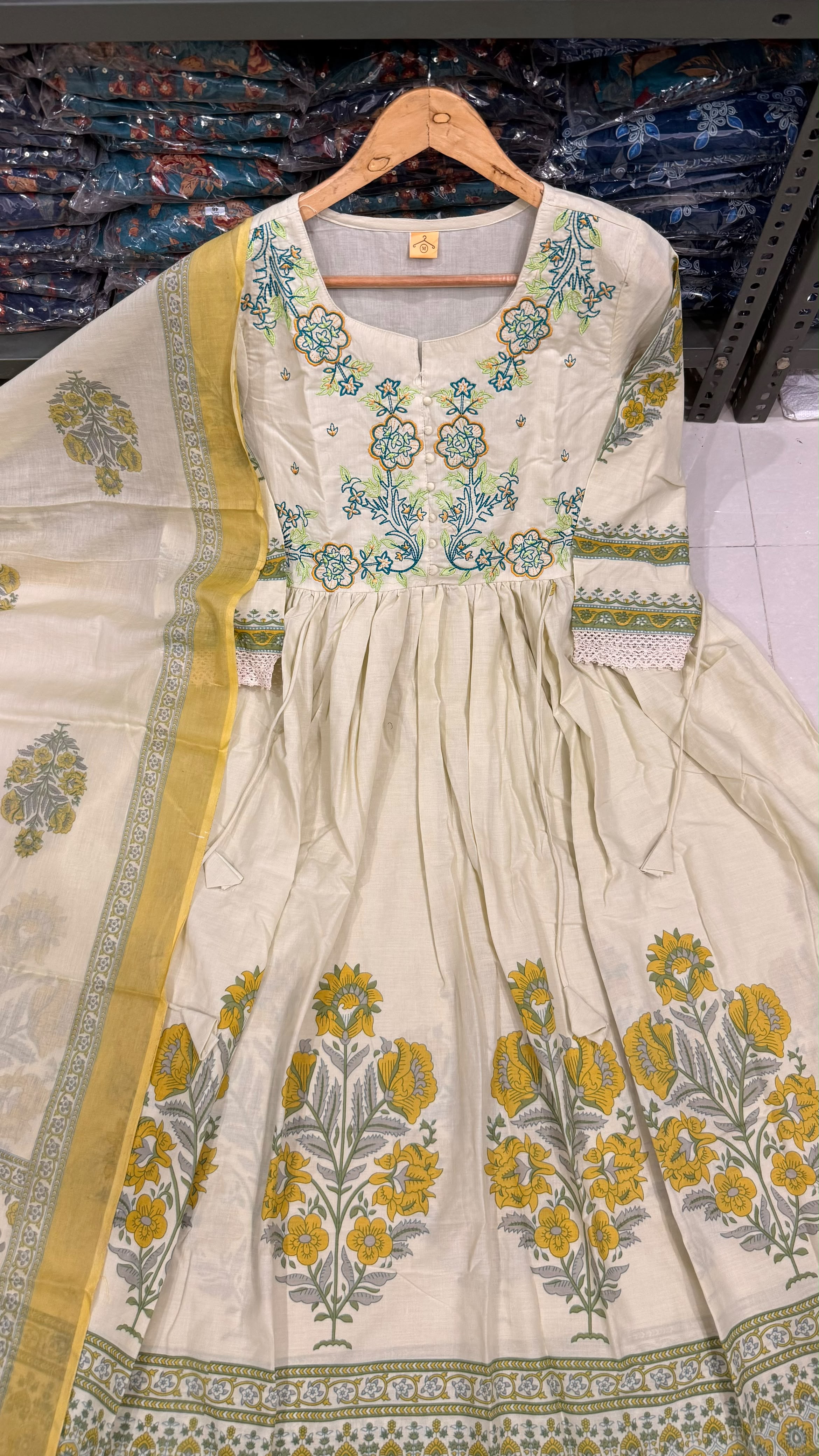 Elegant Women's Pure Cotton Embroidered Anarkali Kurta Pant & Dupatta Set