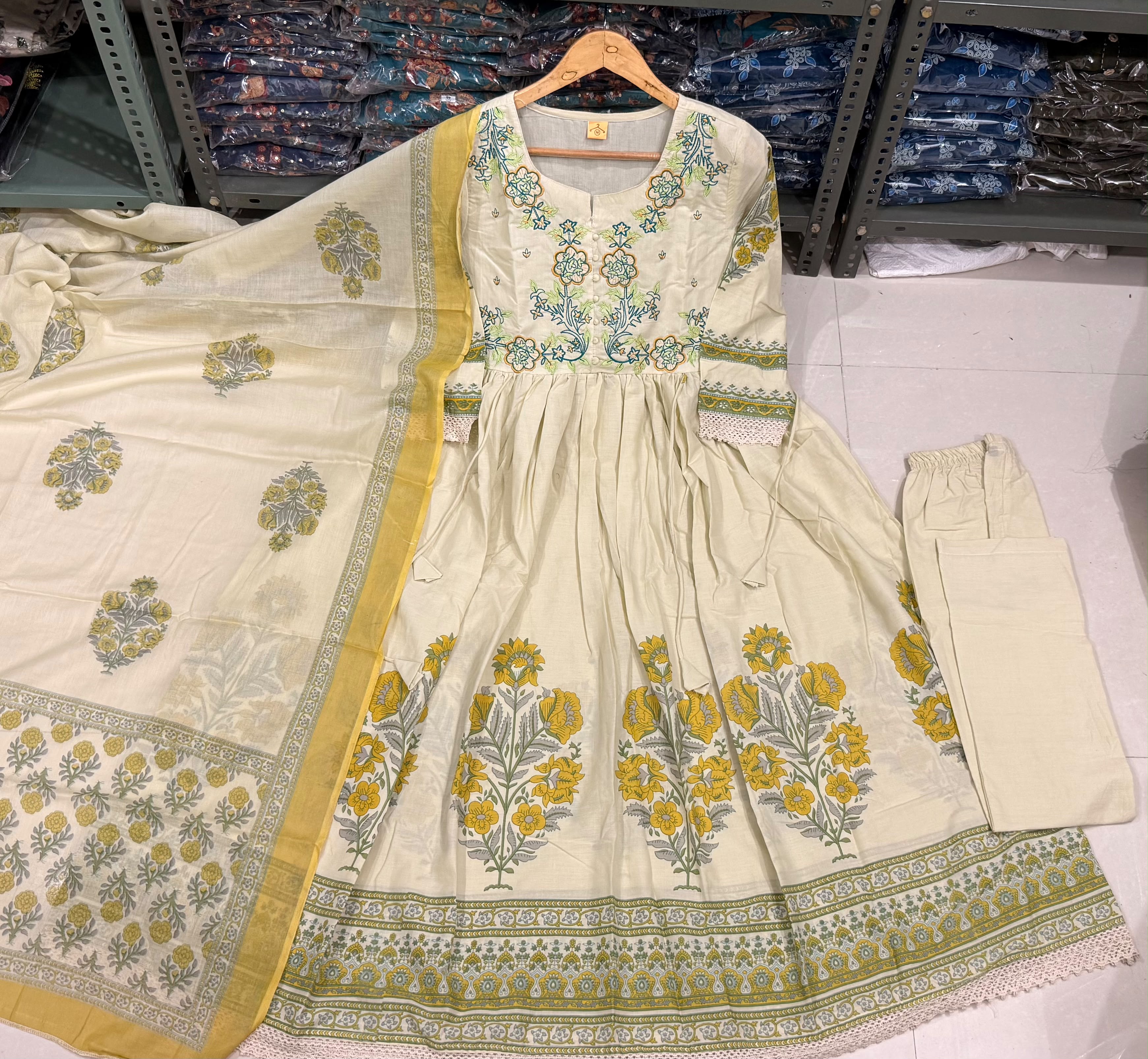 Elegant Women's Pure Cotton Embroidered Anarkali Kurta Pant & Dupatta Set