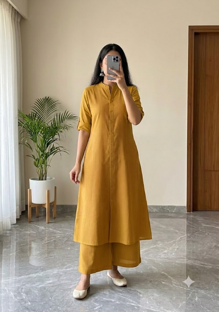 Women's A-Line Cotton Kurti Palazzo Set with Katha Work