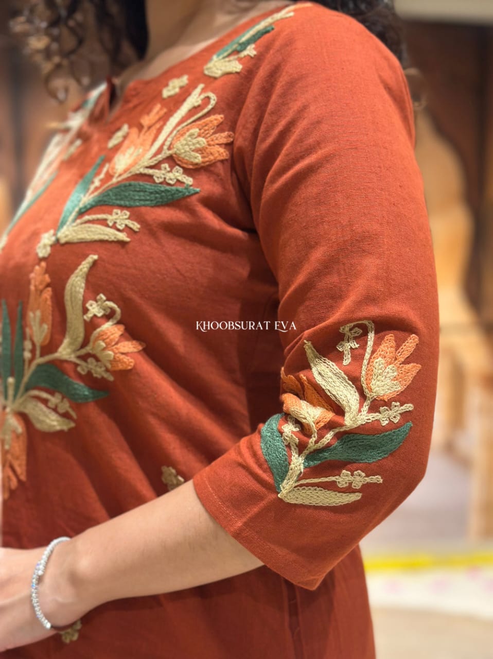 Elegant Embroidered Cotton Kurta and Pant Set — Two-Piece Aari Work Ensemble for Effortless Everyday Style