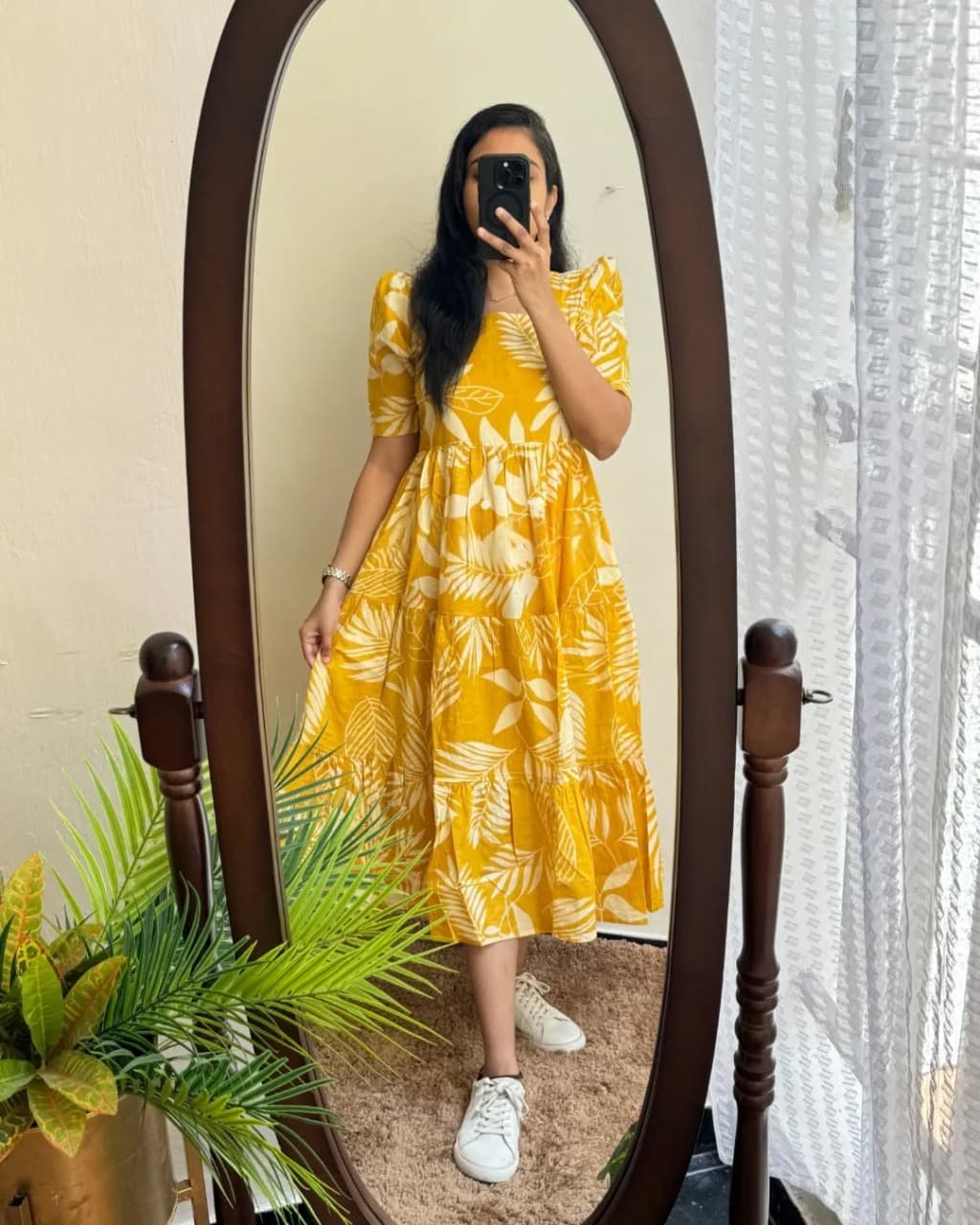 Women's Cotton Midi Dress with Puff Sleeves