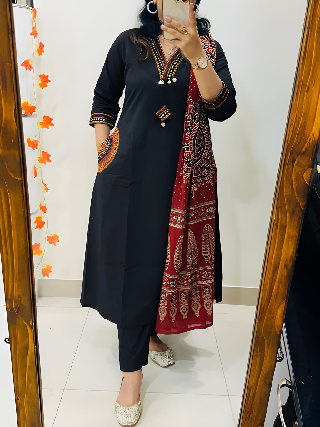 Women Premium Cotton Kurta Pant Dupatta Set with EmbroideBLK Yoke and Ajrakh Dupatta