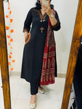 Women Premium Cotton Kurta Pant Dupatta Set with EmbroideBLK Yoke and Ajrakh Dupatta