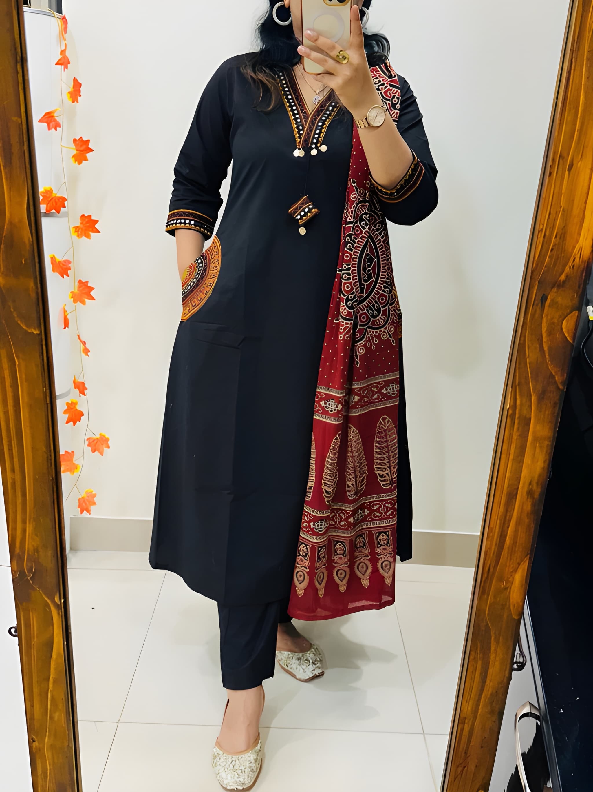 Women Premium Cotton Kurta Pant Dupatta Set with EmbroideBLK Yoke and Ajrakh Dupatta