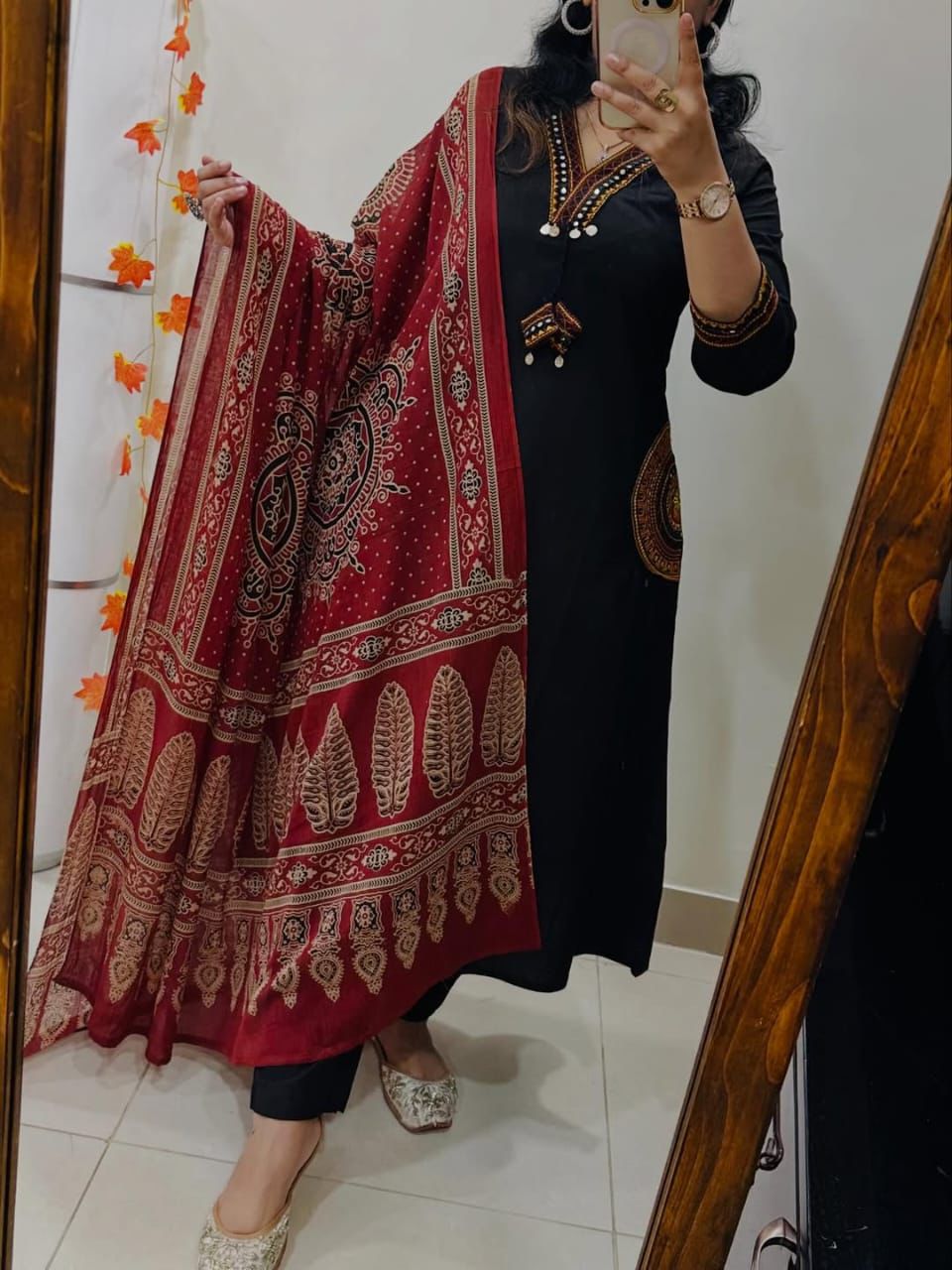Women Premium Cotton Kurta Pant Dupatta Set with EmbroideBLK Yoke and Ajrakh Dupatta