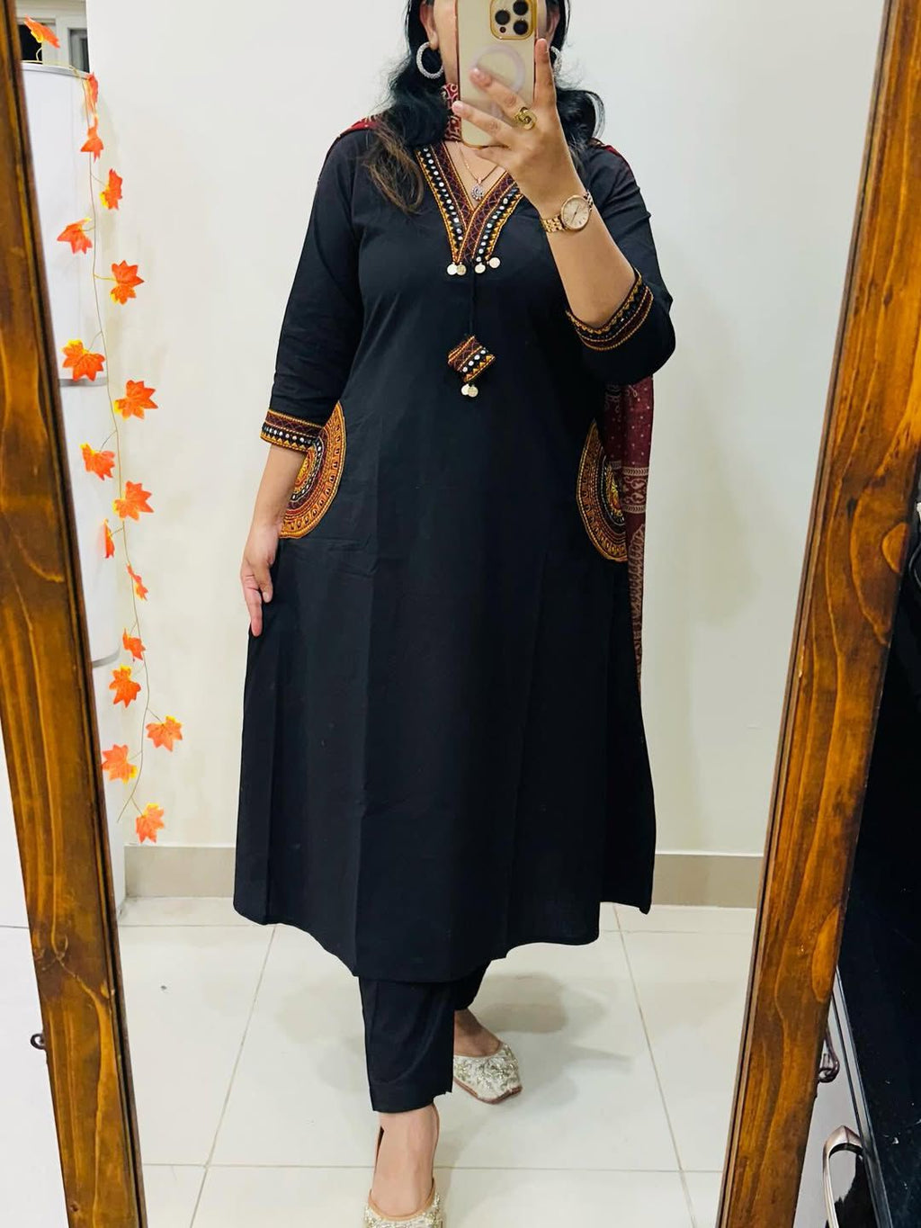 Women Premium Cotton Kurta Pant Dupatta Set with EmbroideBLK Yoke and Ajrakh Dupatta
