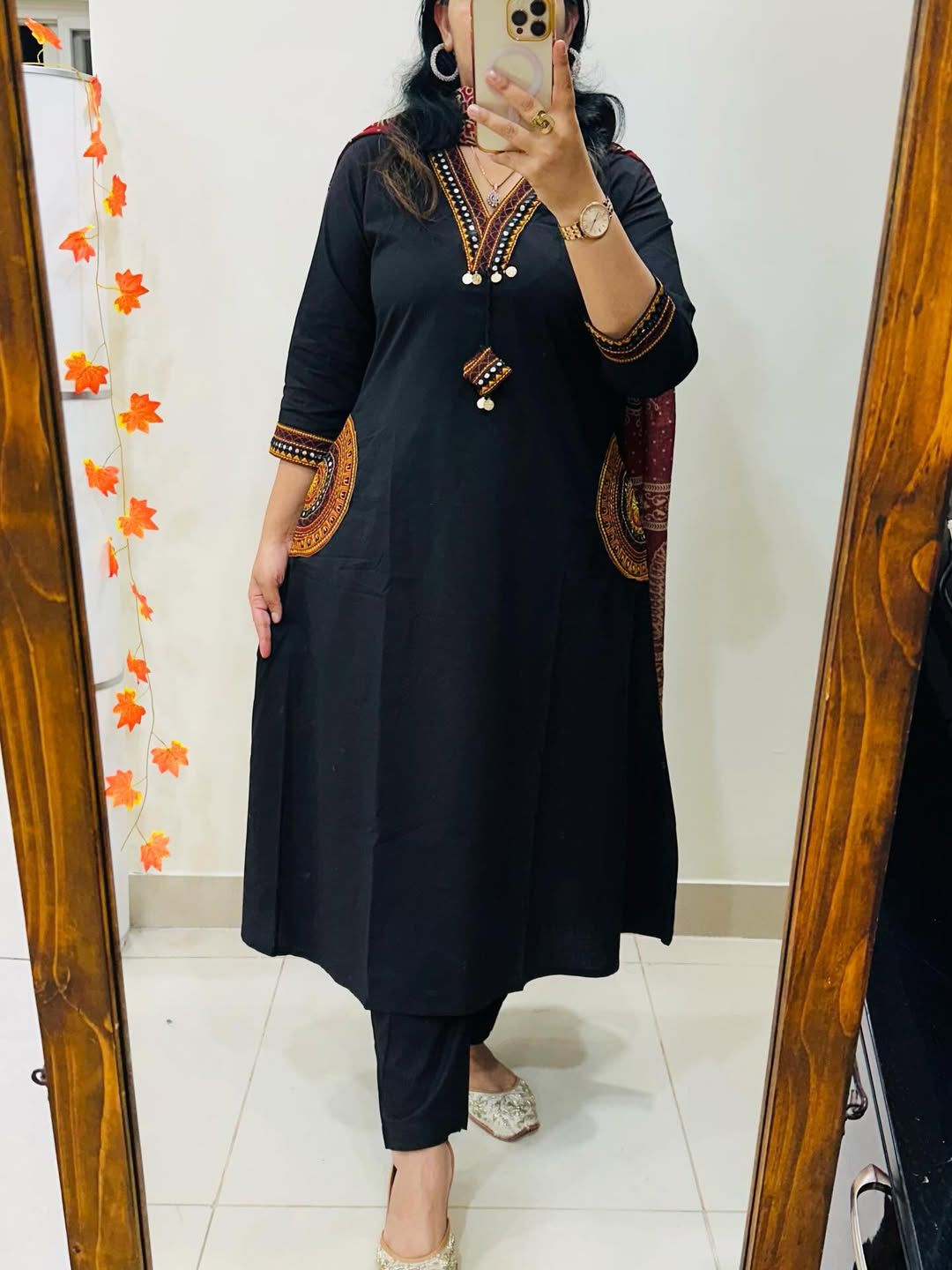Women Premium Cotton Kurta Pant Dupatta Set with EmbroideBLK Yoke and Ajrakh Dupatta