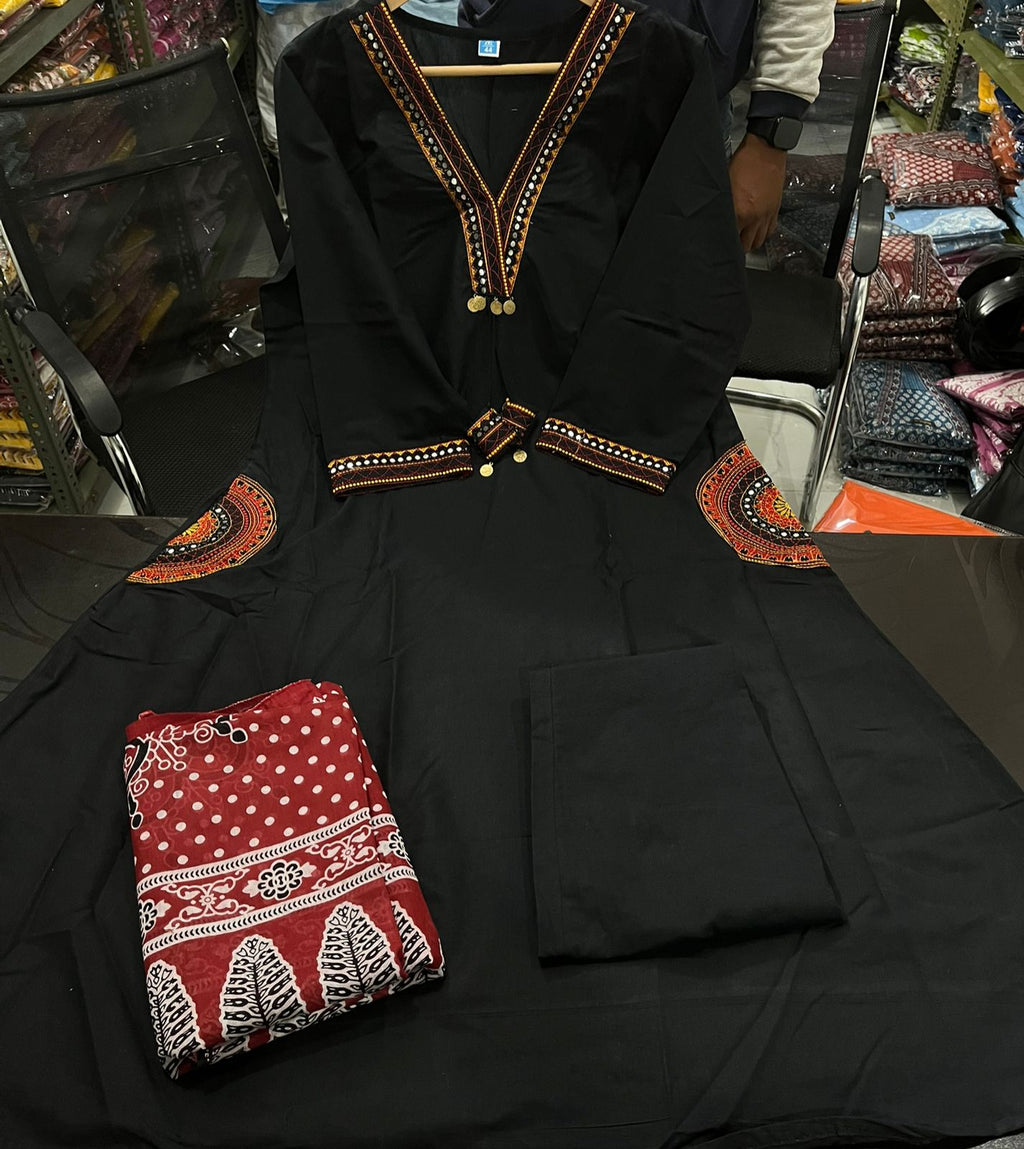 Women Premium Cotton Kurta Pant Dupatta Set with EmbroideBLK Yoke and Ajrakh Dupatta