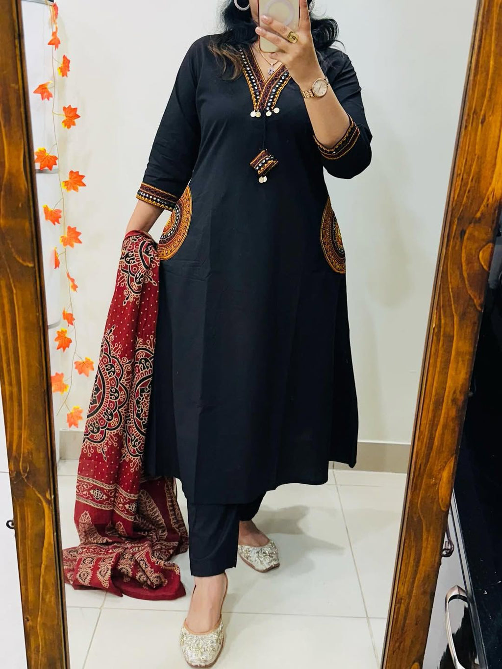 Women Premium Cotton Kurta Pant Dupatta Set with EmbroideBLK Yoke and Ajrakh Dupatta