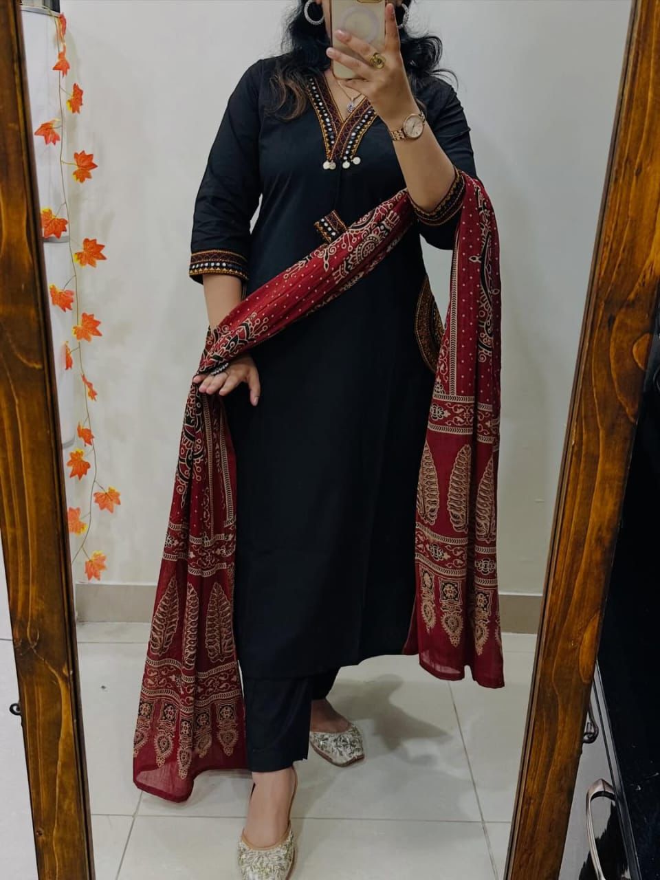 Women Premium Cotton Kurta Pant Dupatta Set with EmbroideBLK Yoke and Ajrakh Dupatta