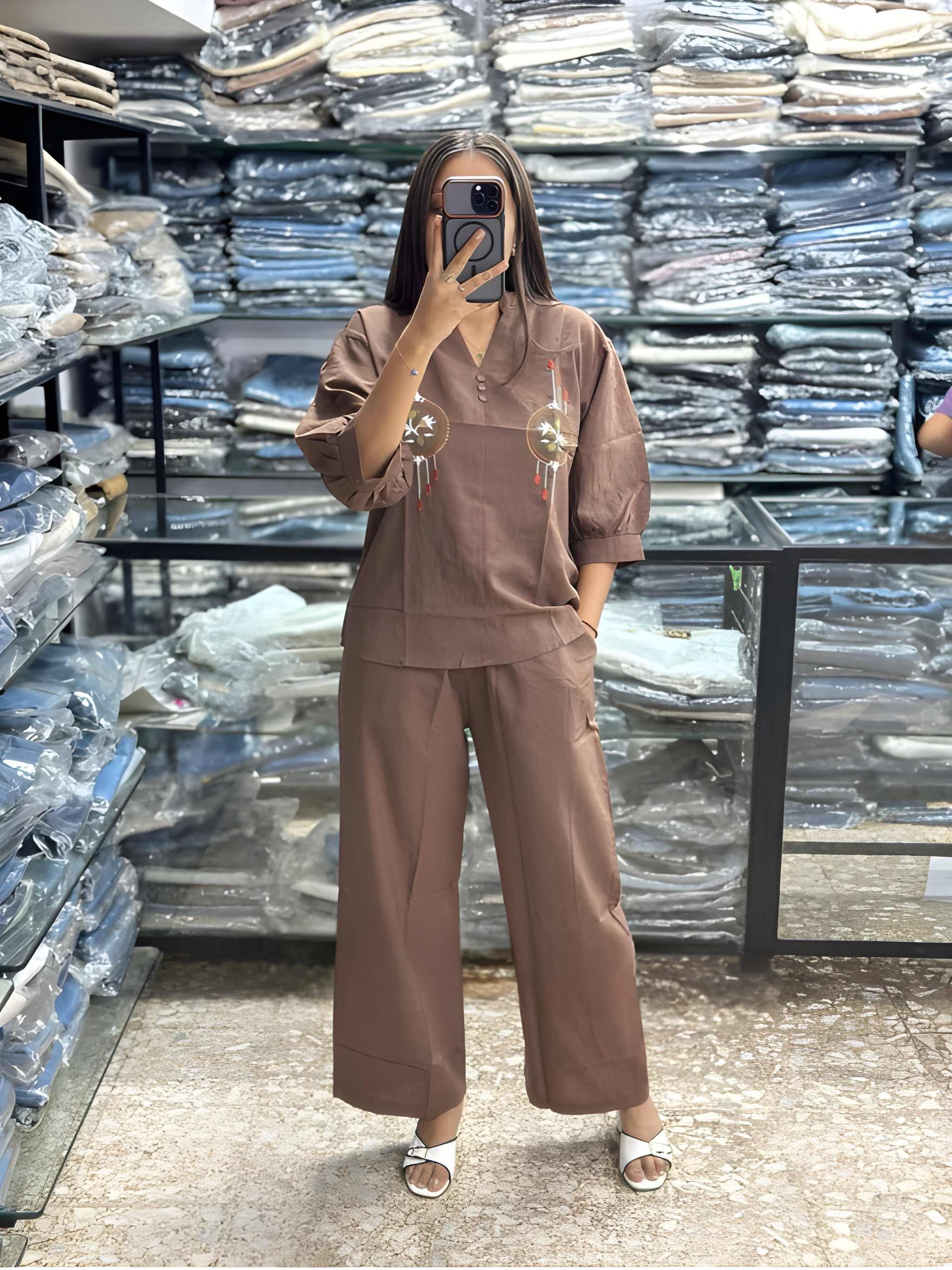Women Embroidered Cotton Co Ord Set with Wide Leg Pants
