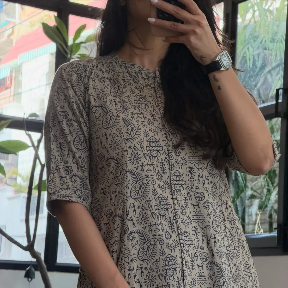 Dashing Warli printed cotton A-line kurta palazzo set with contemporary ethnic styling