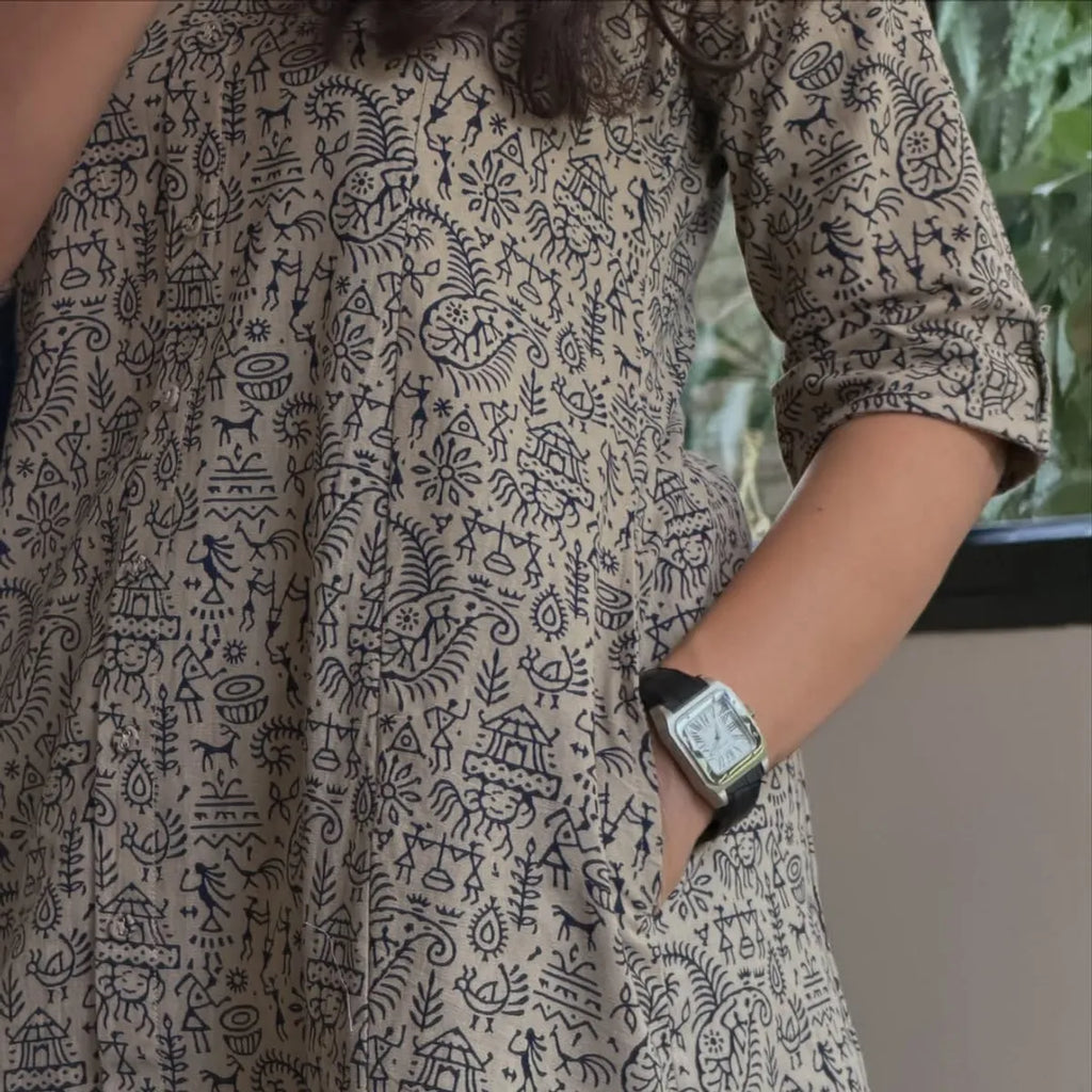 Dashing Warli printed cotton A-line kurta palazzo set with contemporary ethnic styling