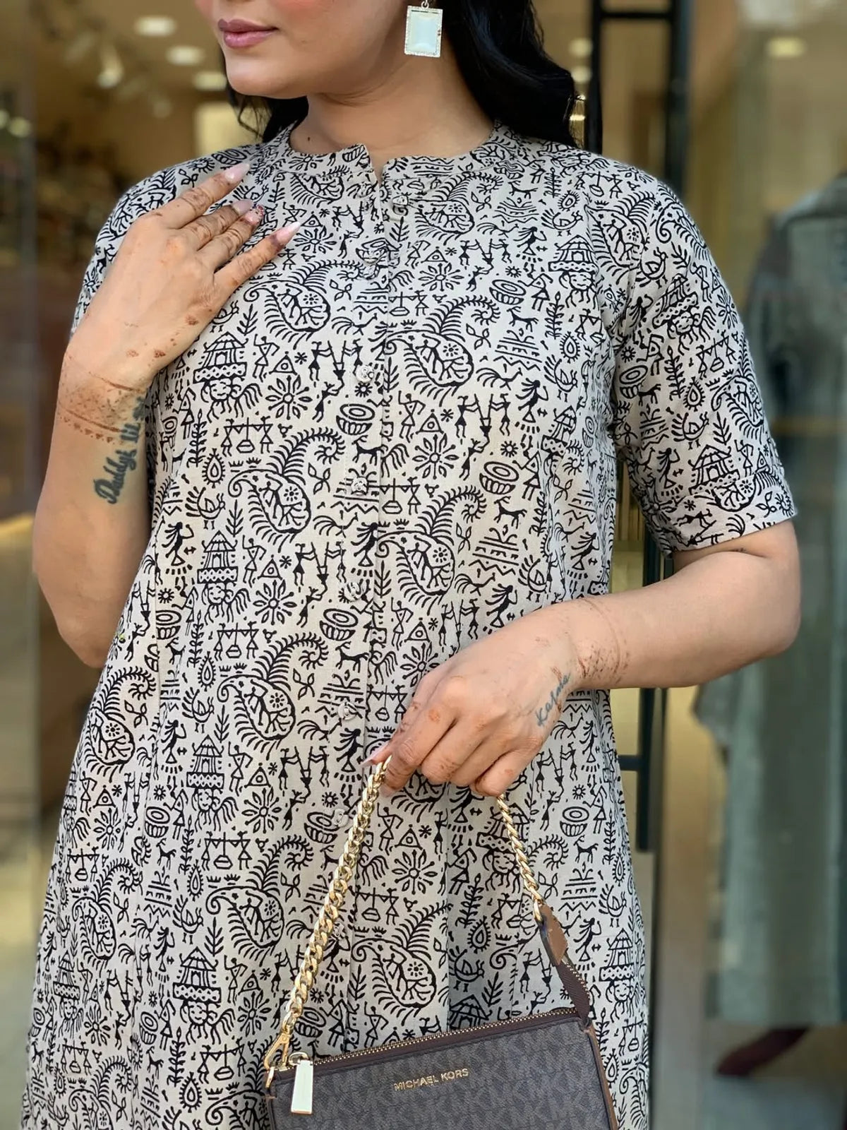 Dashing Warli printed cotton A-line kurta palazzo set with contemporary ethnic styling