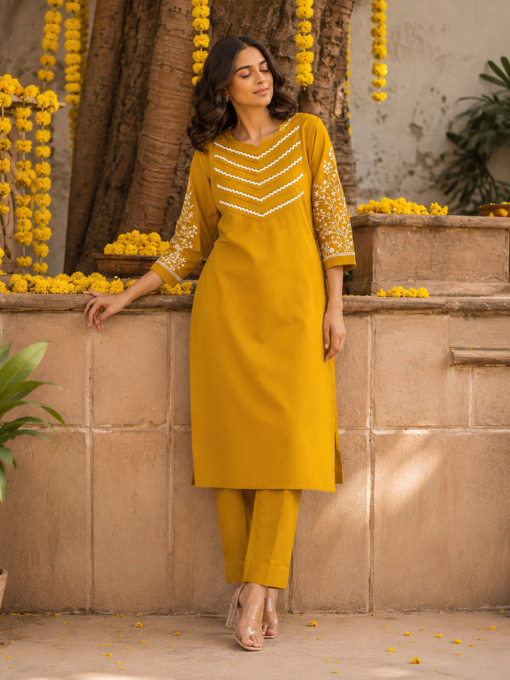Premium Women's Cotton Embroidered Straight Kurta Pant Set with Pintuck Detailing
