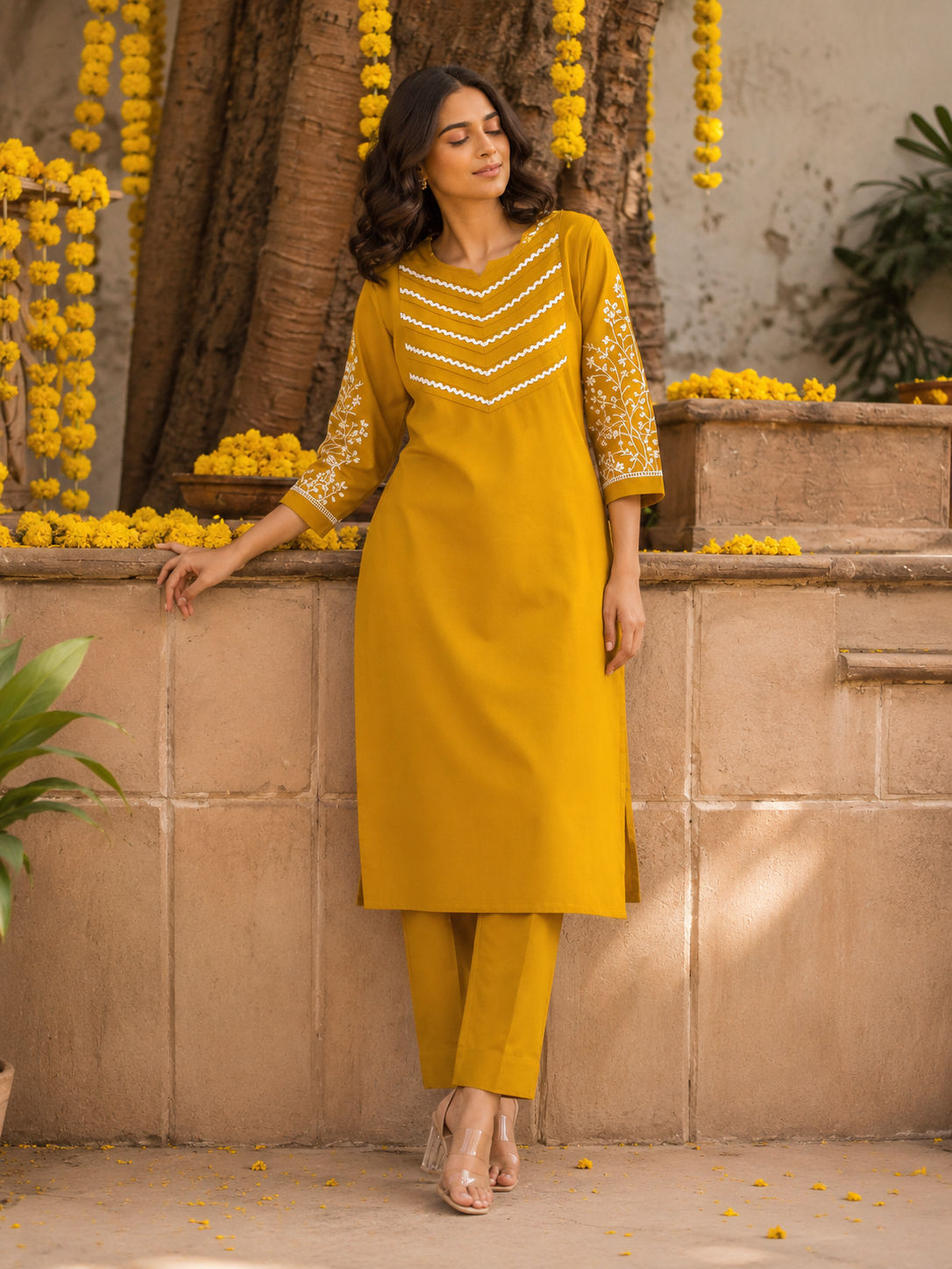 Premium Women's Cotton Embroidered Straight Kurta Pant Set with Pintuck Detailing