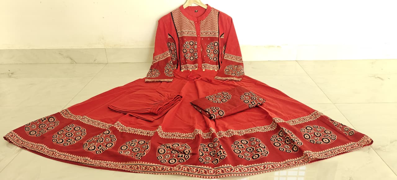 Women's Printed Cotton Anarkali Kurta Pant Dupatta Set with Sequence Katha Work