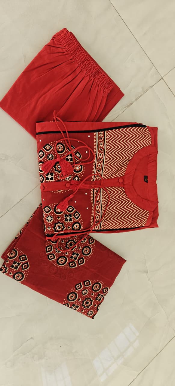 Women's Printed Cotton Anarkali Kurta Pant Dupatta Set with Sequence Katha Work