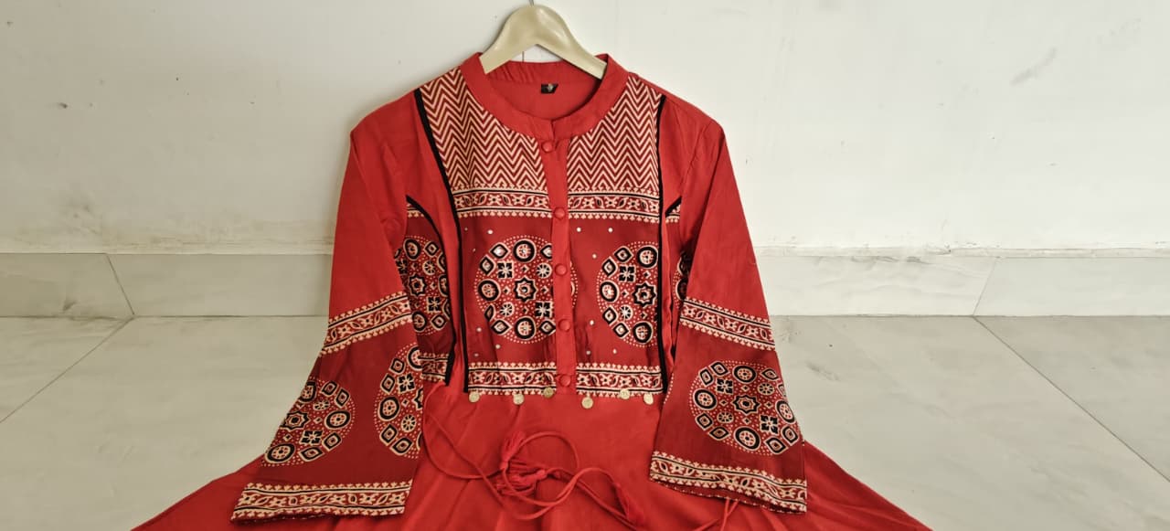 Women's Printed Cotton Anarkali Kurta Pant Dupatta Set with Sequence Katha Work