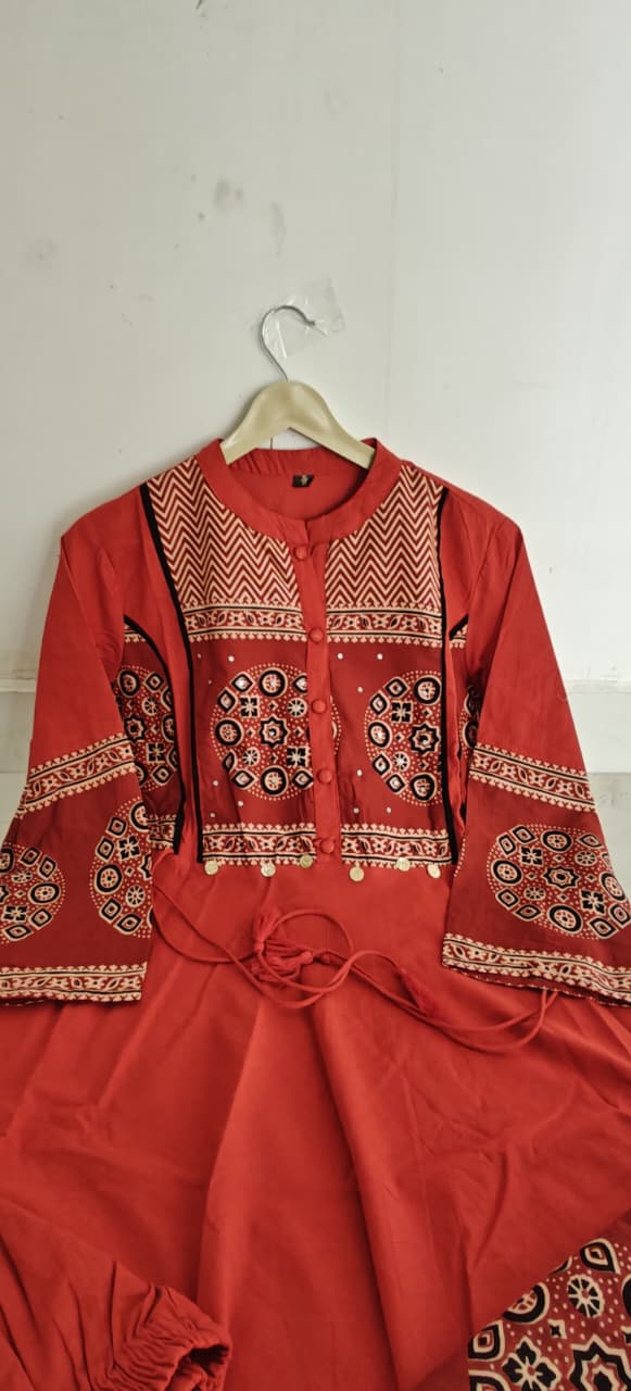 Women's Printed Cotton Anarkali Kurta Pant Dupatta Set with Sequence Katha Work