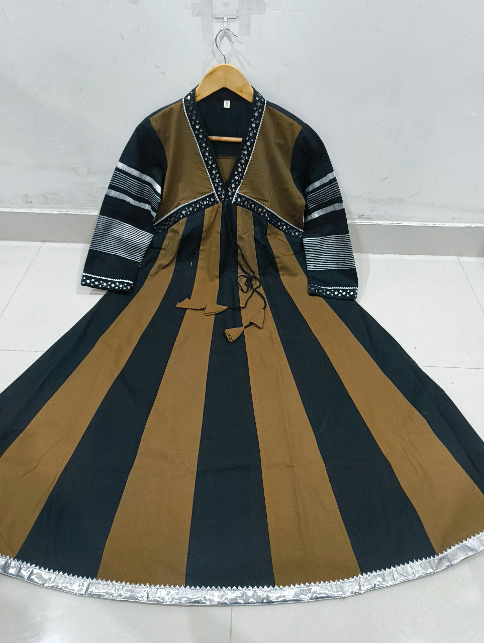 Black & Brown Jaipuri Block Print Anarkali Kurta With Mirror Work