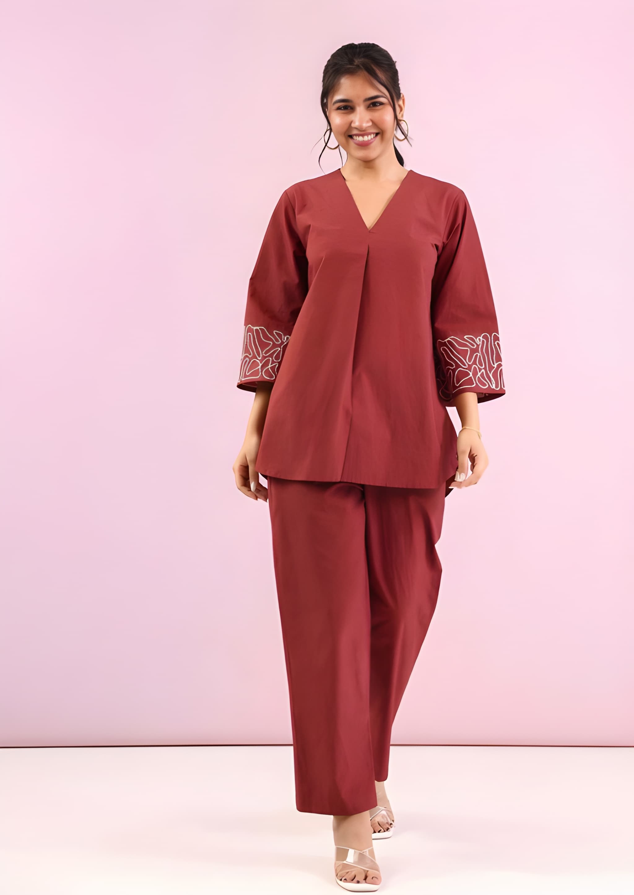 Women Solid Cotton Flex Co Ord Set with Embroidered Sleeves