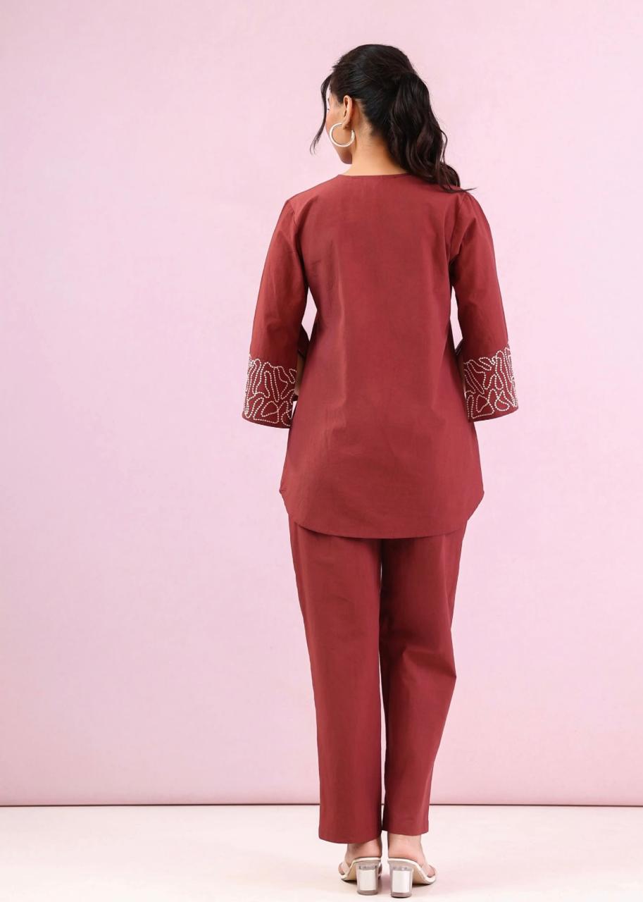 Women Solid Cotton Flex Co Ord Set with Embroidered Sleeves