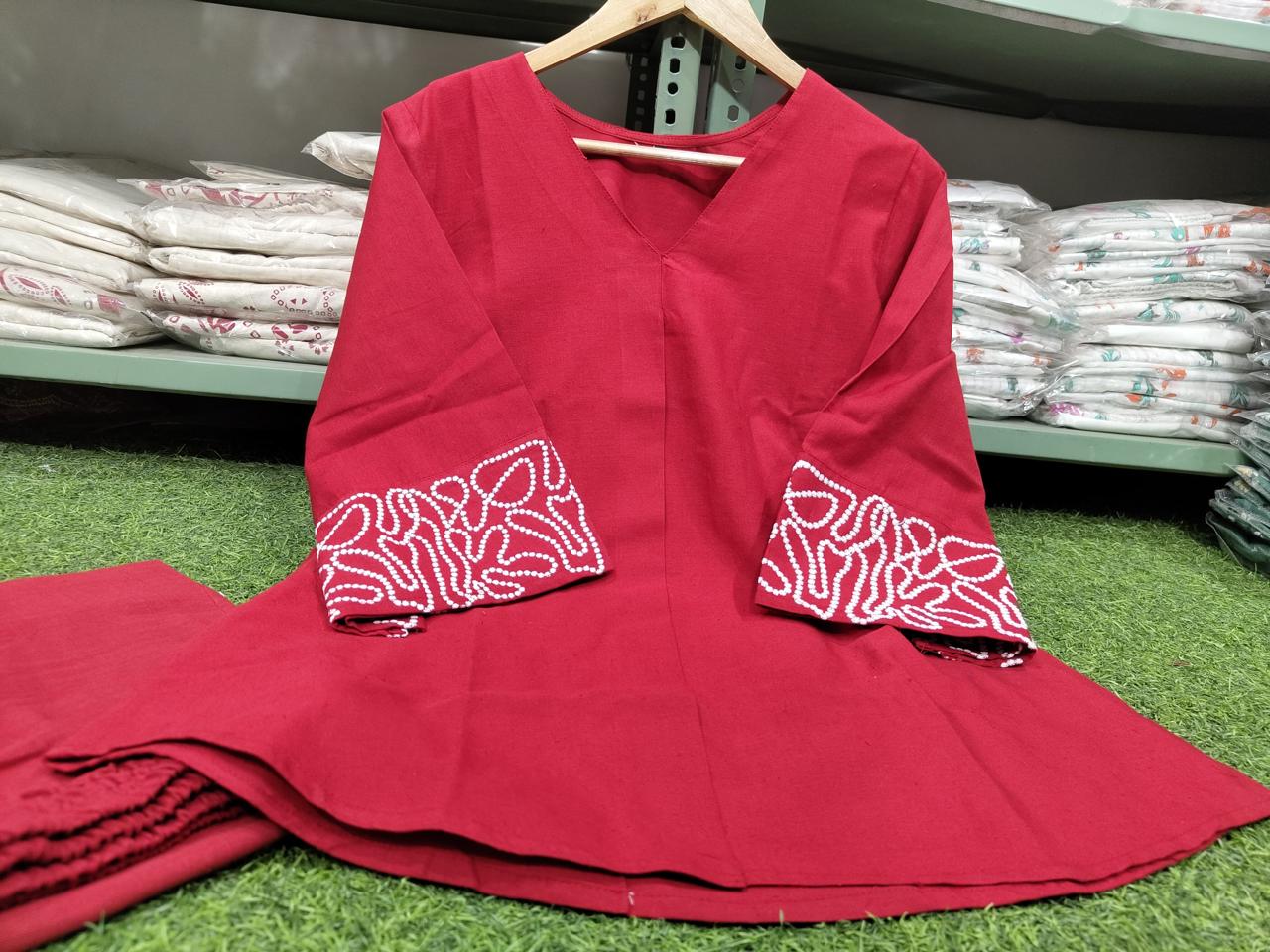 Women Solid Cotton Flex Co Ord Set with Embroidered Sleeves