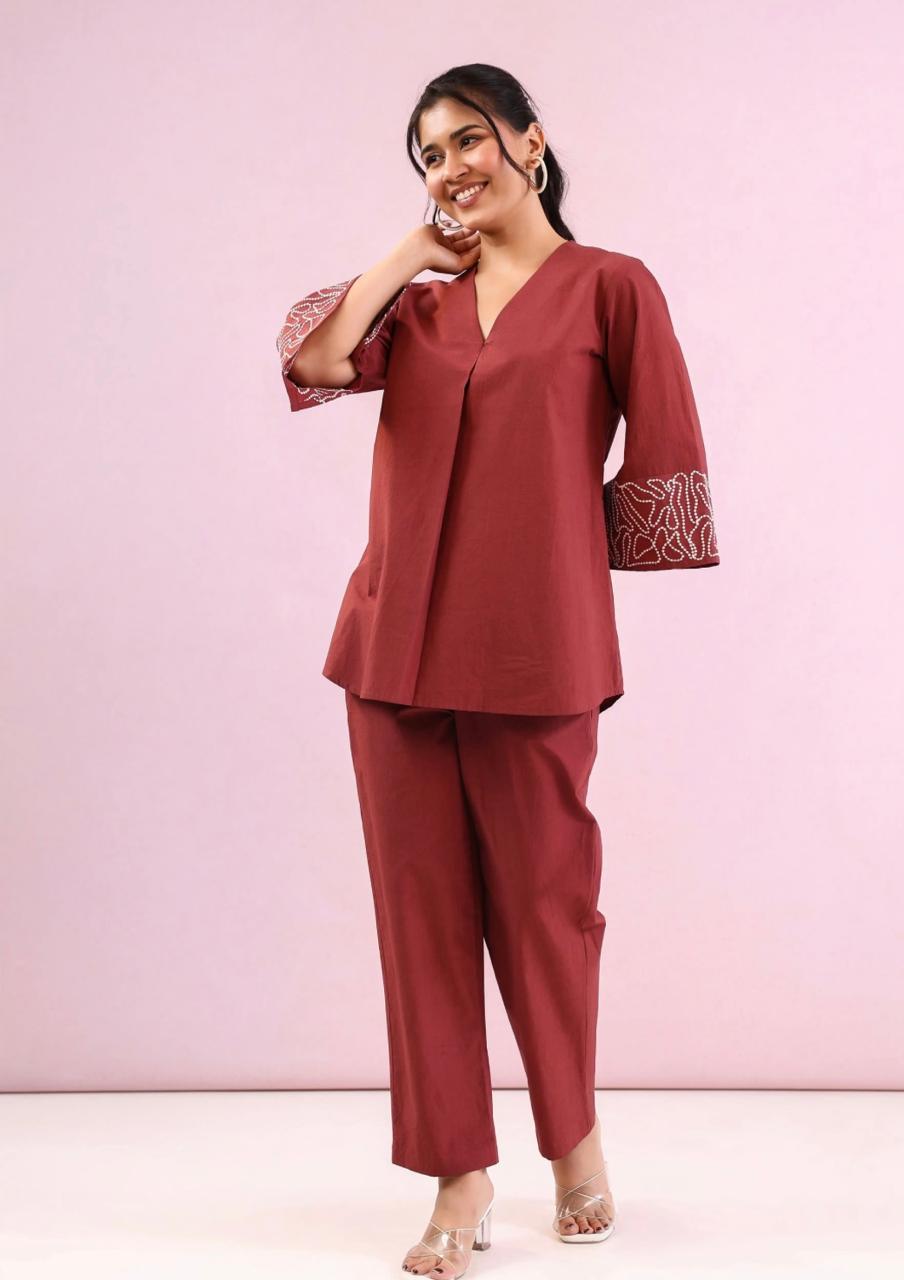Women Solid Cotton Flex Co Ord Set with Embroidered Sleeves