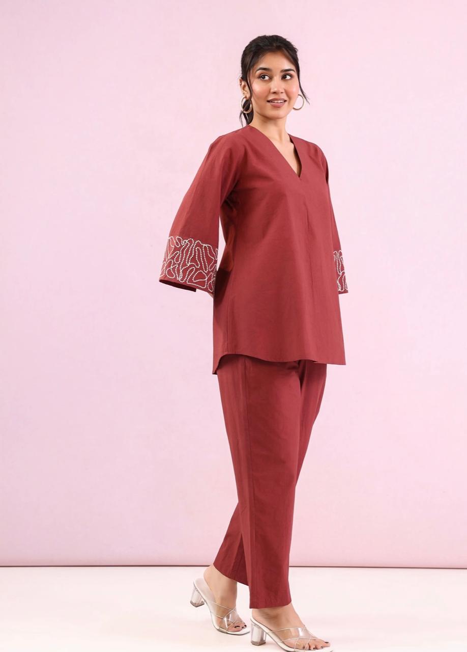 Women Solid Cotton Flex Co Ord Set with Embroidered Sleeves