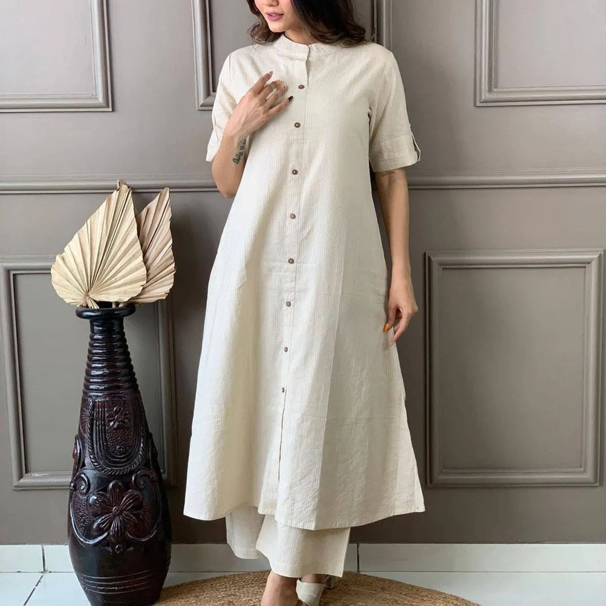 Women's A-Line Cotton Kurti Palazzo Set with Katha Work