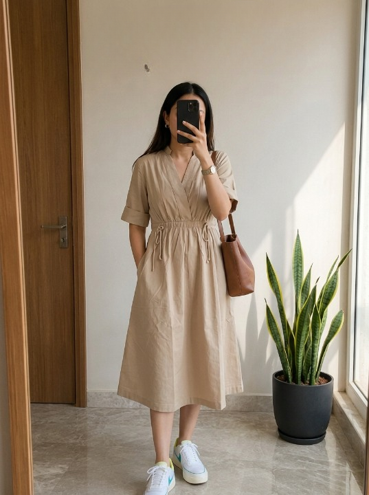 Beige Dress Vibrant Colors & Dori Tassel Detail