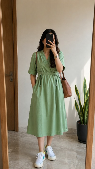 Sage Green Dress Vibrant Colors & Dori Tassel Detail
