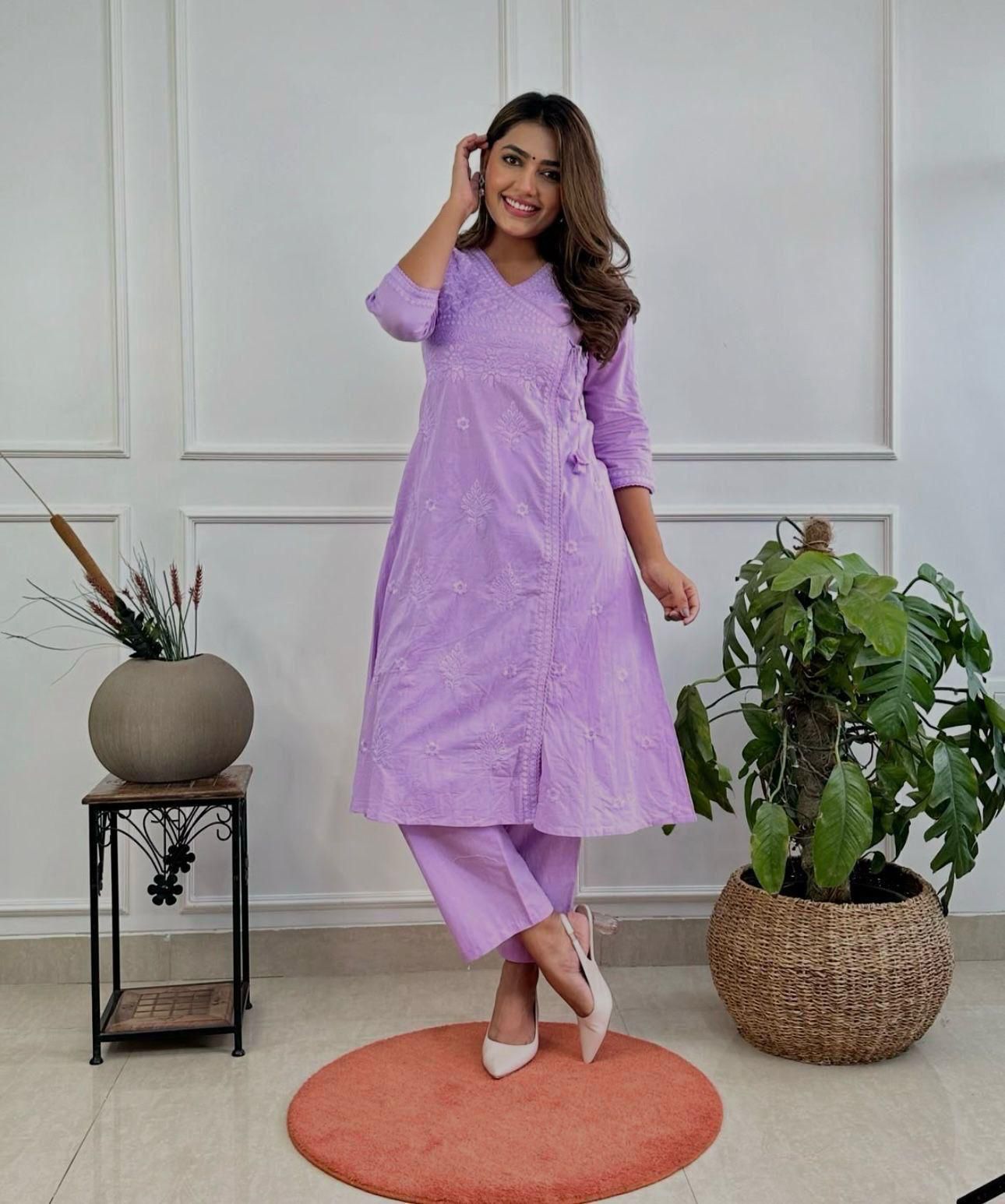 Women Chikankari Cotton Angrakha Kurta Pant Set