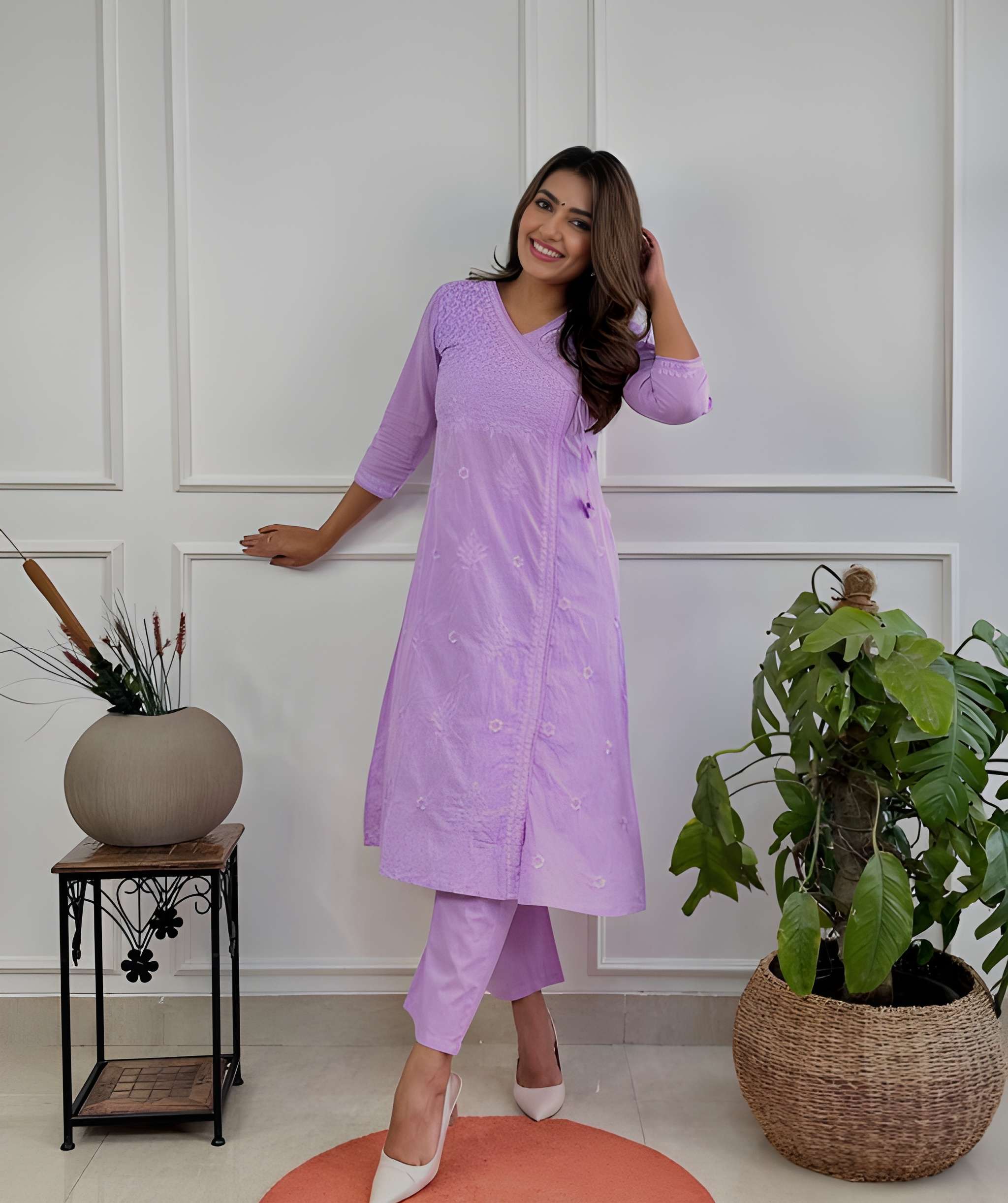 Women Chikankari Cotton Angrakha Kurta Pant Set