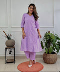 Women Chikankari Cotton Angrakha Kurta Pant Set