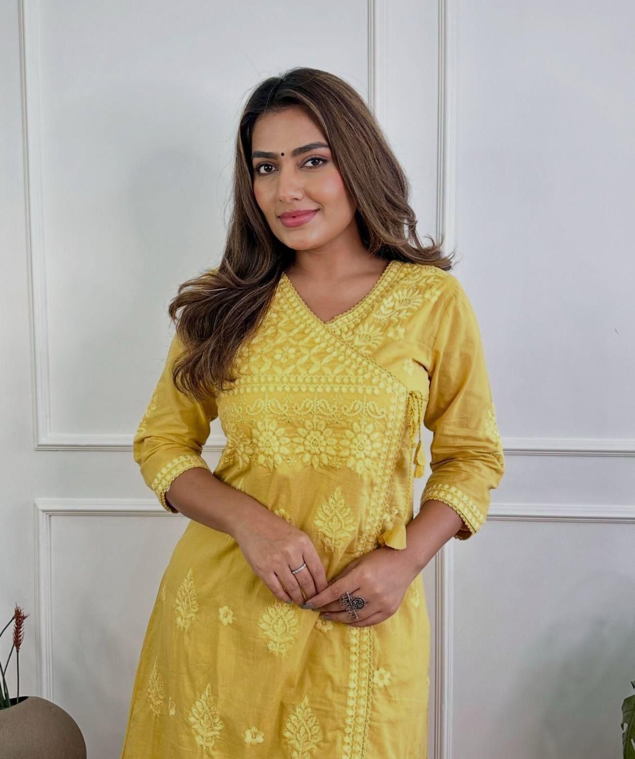 Women Chikankari Cotton Angrakha Kurta Pant Set
