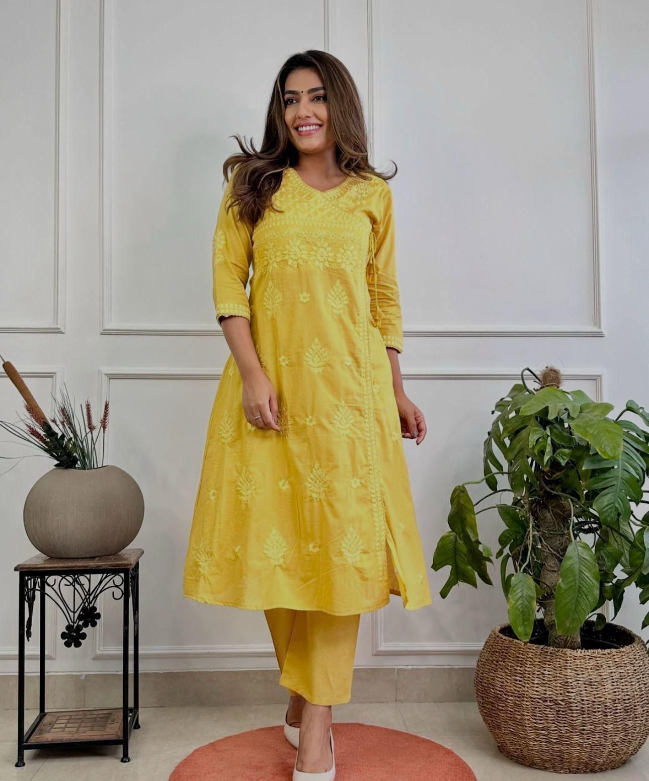Women Chikankari Cotton Angrakha Kurta Pant Set