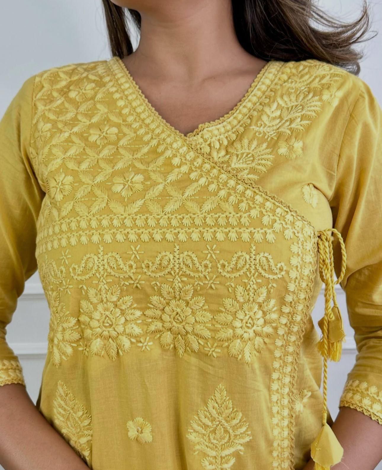 Women Chikankari Cotton Angrakha Kurta Pant Set