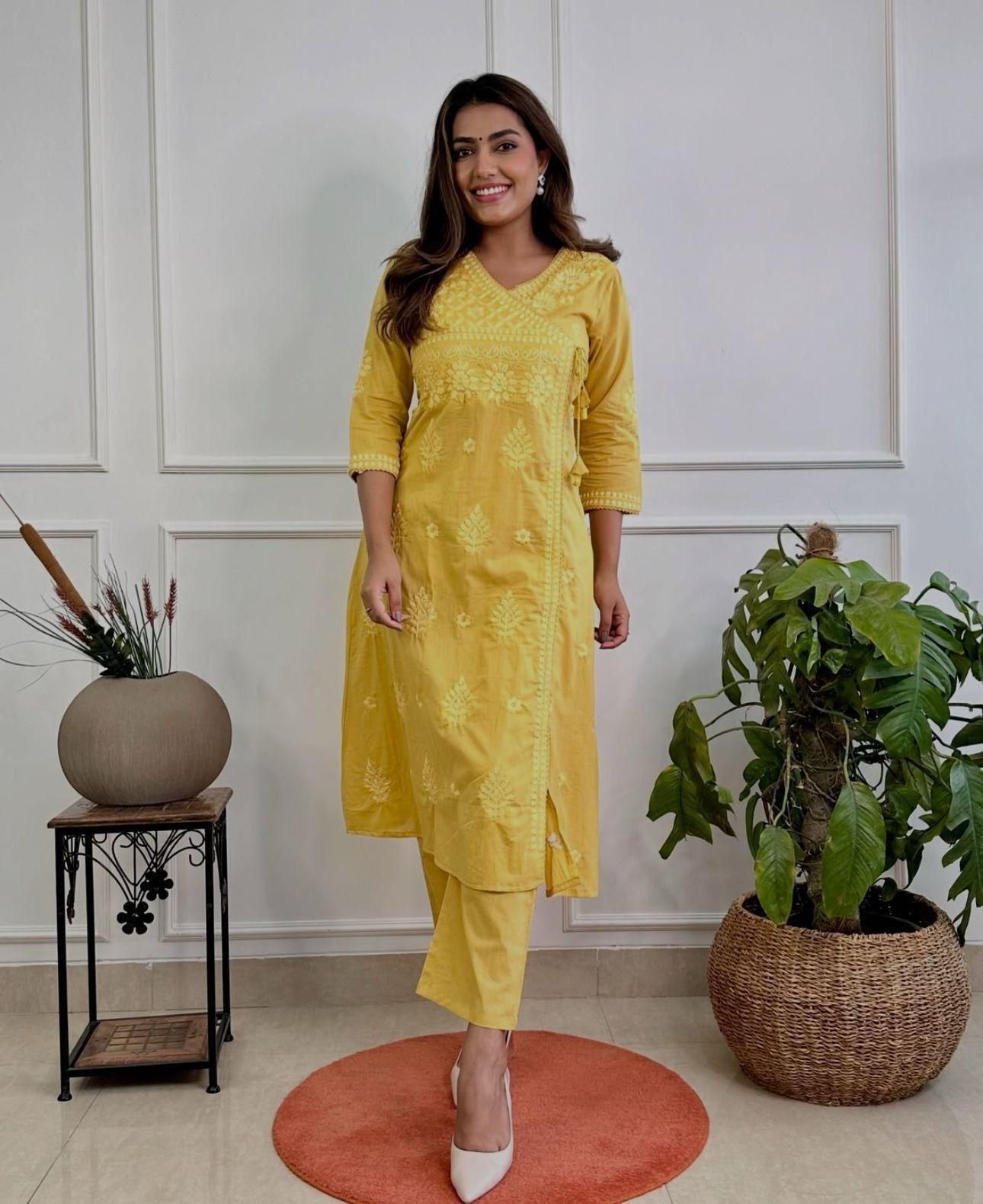 Women Chikankari Cotton Angrakha Kurta Pant Set
