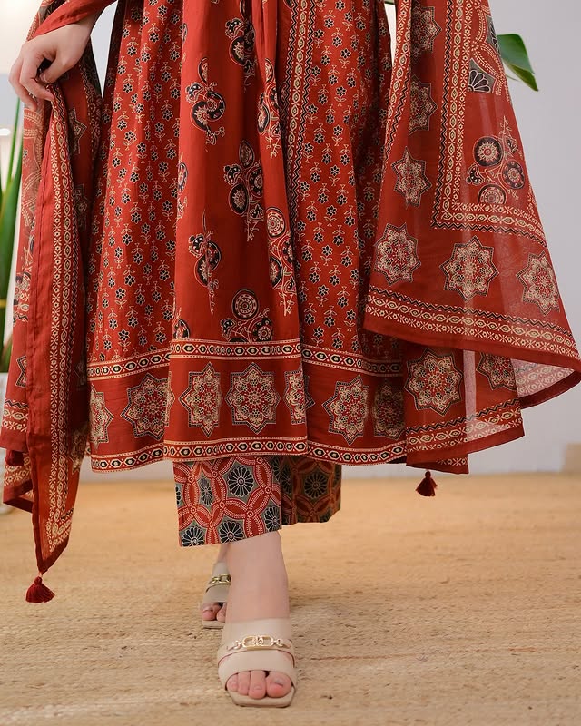 Women's Hand Work Cotton Anarkali Kurta Palazzo & Dupatta Ethnic Set