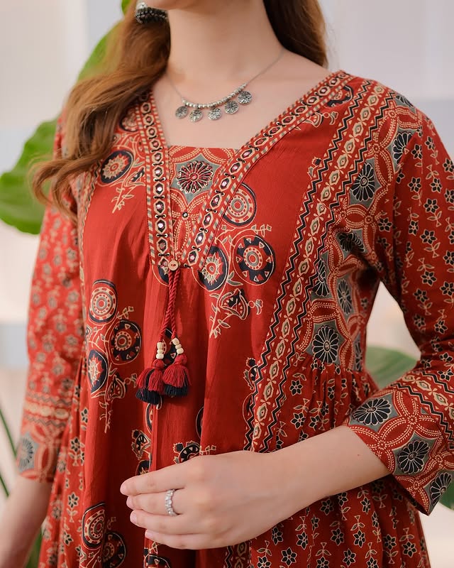 Women's Hand Work Cotton Anarkali Kurta Palazzo & Dupatta Ethnic Set