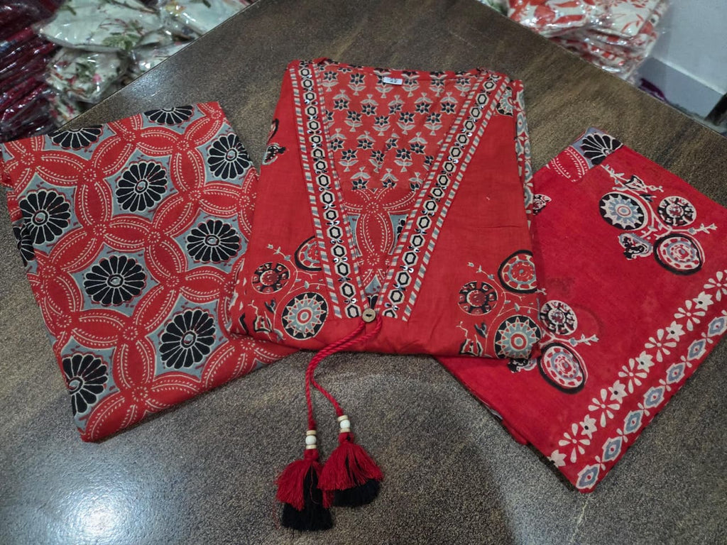 Women's Hand Work Cotton Anarkali Kurta Palazzo & Dupatta Ethnic Set
