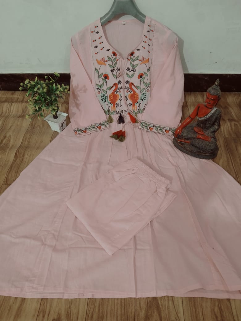 Premium pure cotton embroidered kurta set with elegant pleating and handcrafted yoke detailing