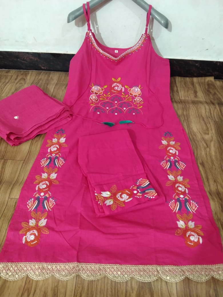 Premium cotton embroidered sleeveless kurti set with elegant festive detailing